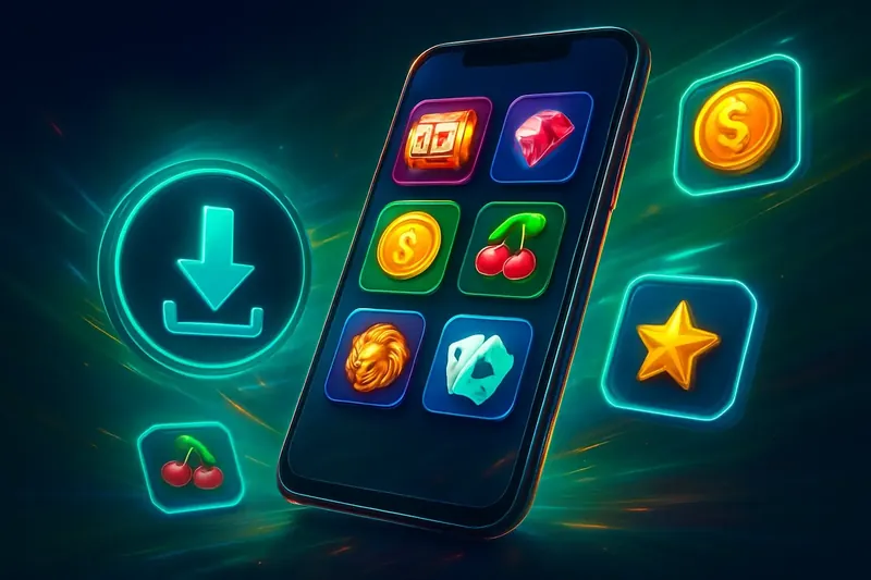 Glossy smartphone casino app banner with neon download symbol and glowing tiles