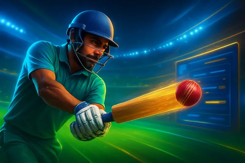 Cricket batter striking ball under stadium lights in dynamic sportsbook banner