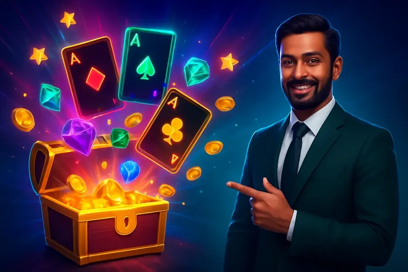 Glowing reward chest with cards, coins, gems, and stars bursting outward