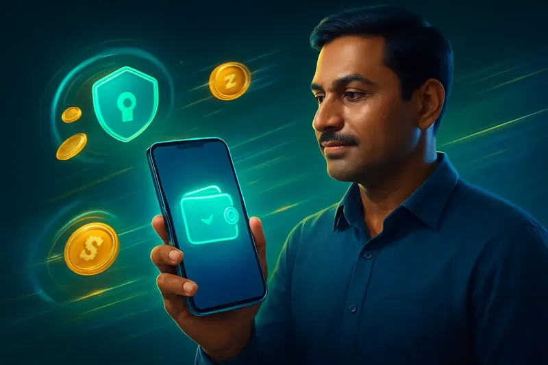 Hand holding smartphone with secure mobile wallet, coins, and speed light trails