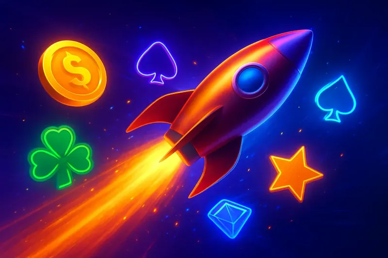 Rocket launch casino banner with neon speed trails and game particles
