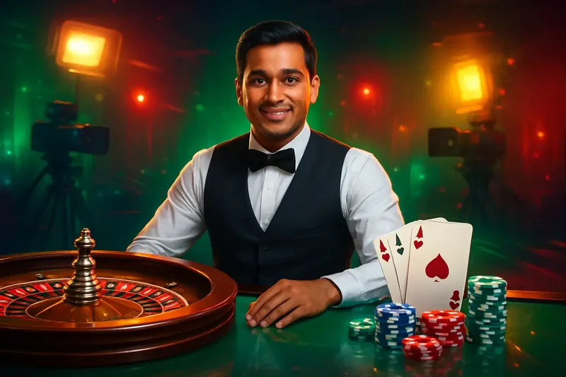 Friendly professional live dealer with roulette, cards, chips, and studio lights