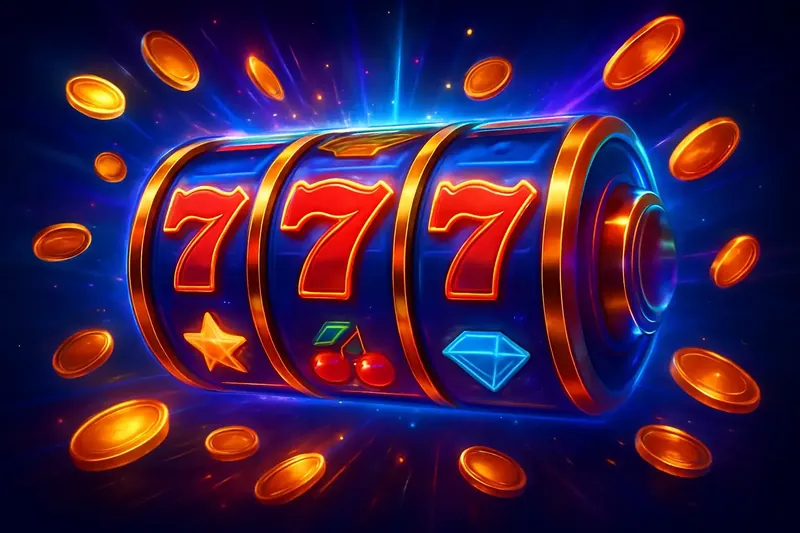Colorful spinning slot machine reels with coins, sparkles, and neon glow